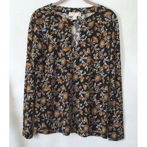 MICHAEL Michael Kors Floral Print Long Slv Top Sz Small V Neck Black Orange EUC